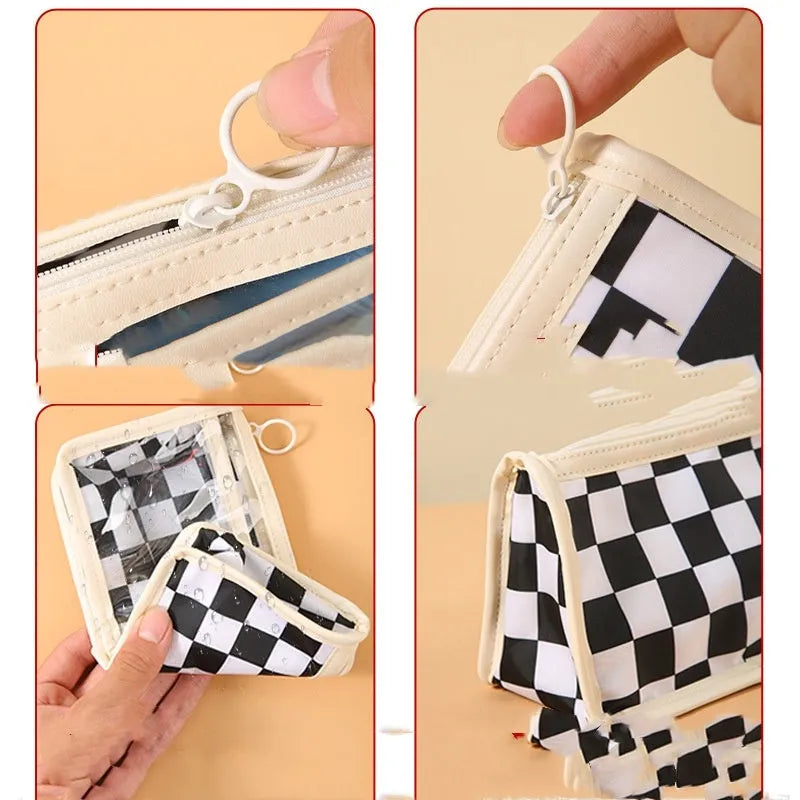 Clear PVC pencil case with chessboard pattern showing pens inside