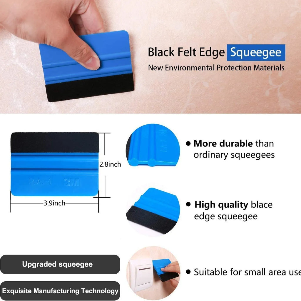 Plastic car window film smoothing tool set with squeegee and scrapers on a white background.