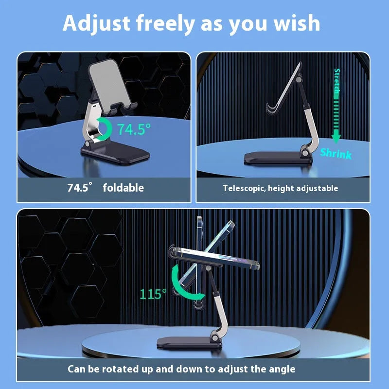 Foldable universal phone holder in black or white for bedside and desktop use