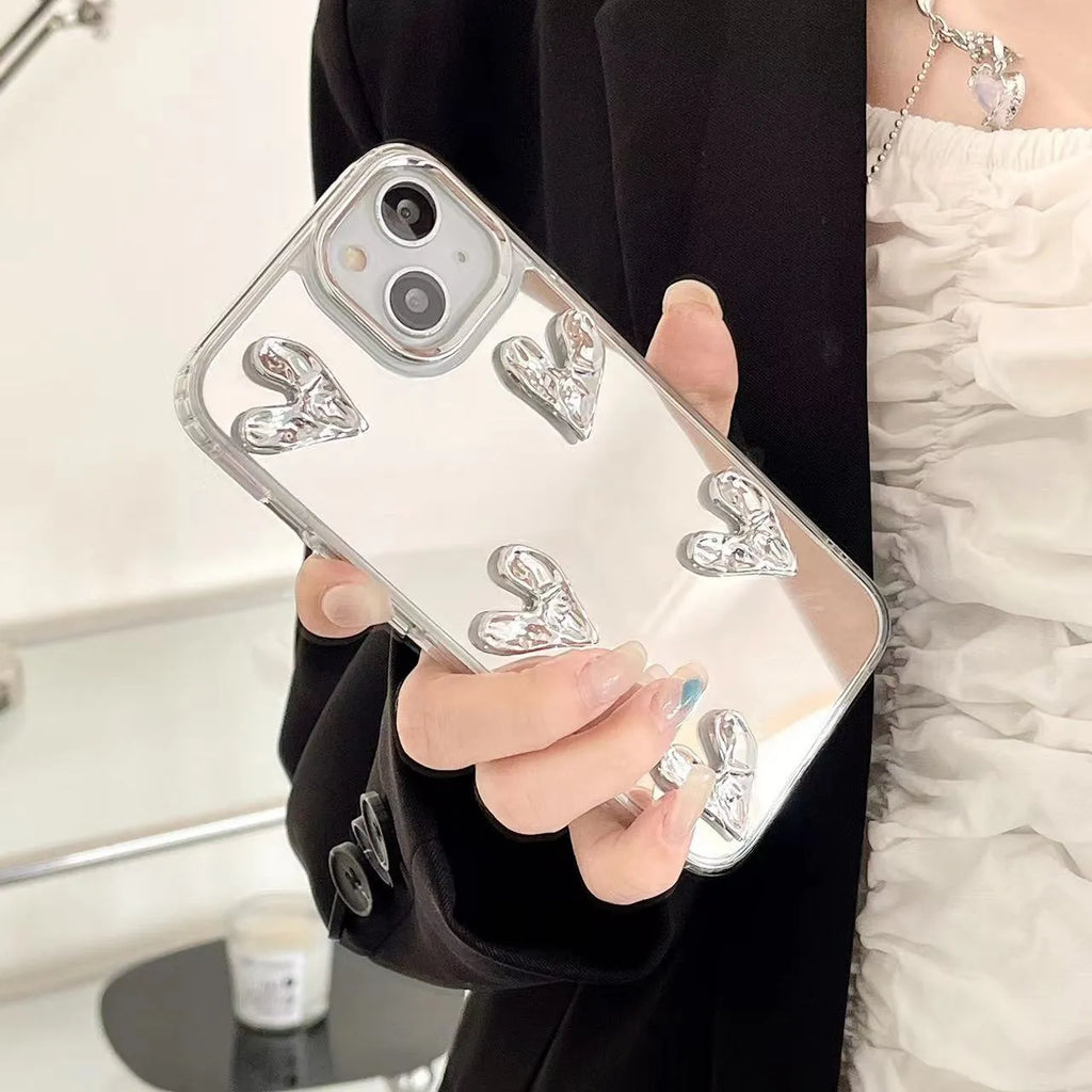 White electroplated mirror phone case for iPhone 14 Pro Max with three-dimensional love pattern and soft TPU construction