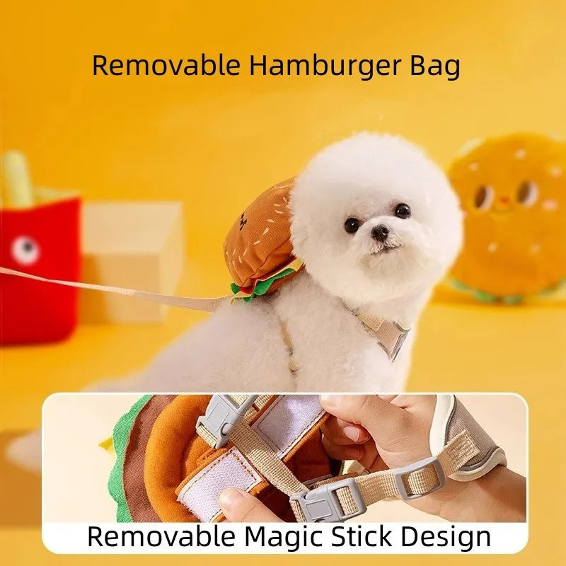 Cartoon hamburger chips design adjustable vest leash for pets with backpack and escape-proof feature
