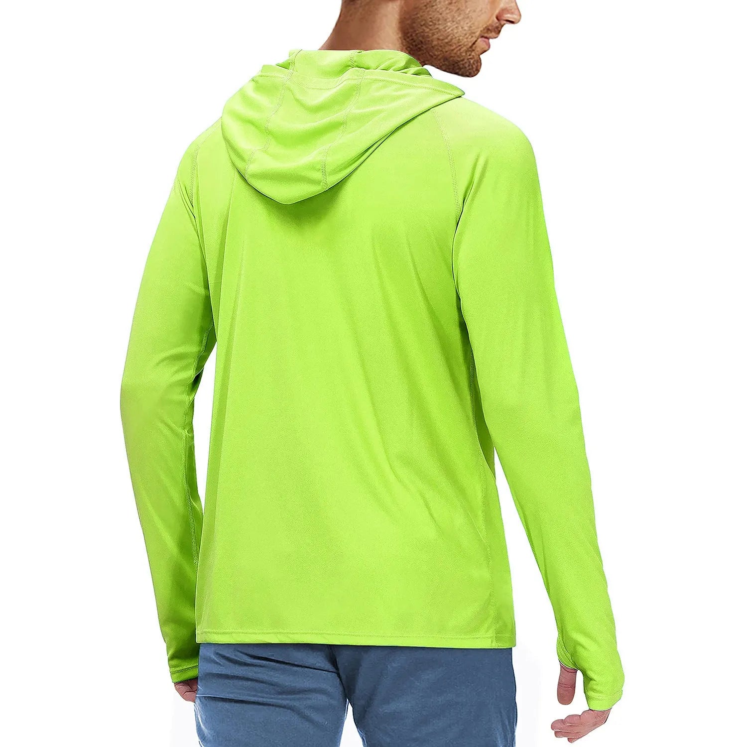 Man wearing a slim fit hooded sun protection suit in army green for outdoor fishing or hiking.