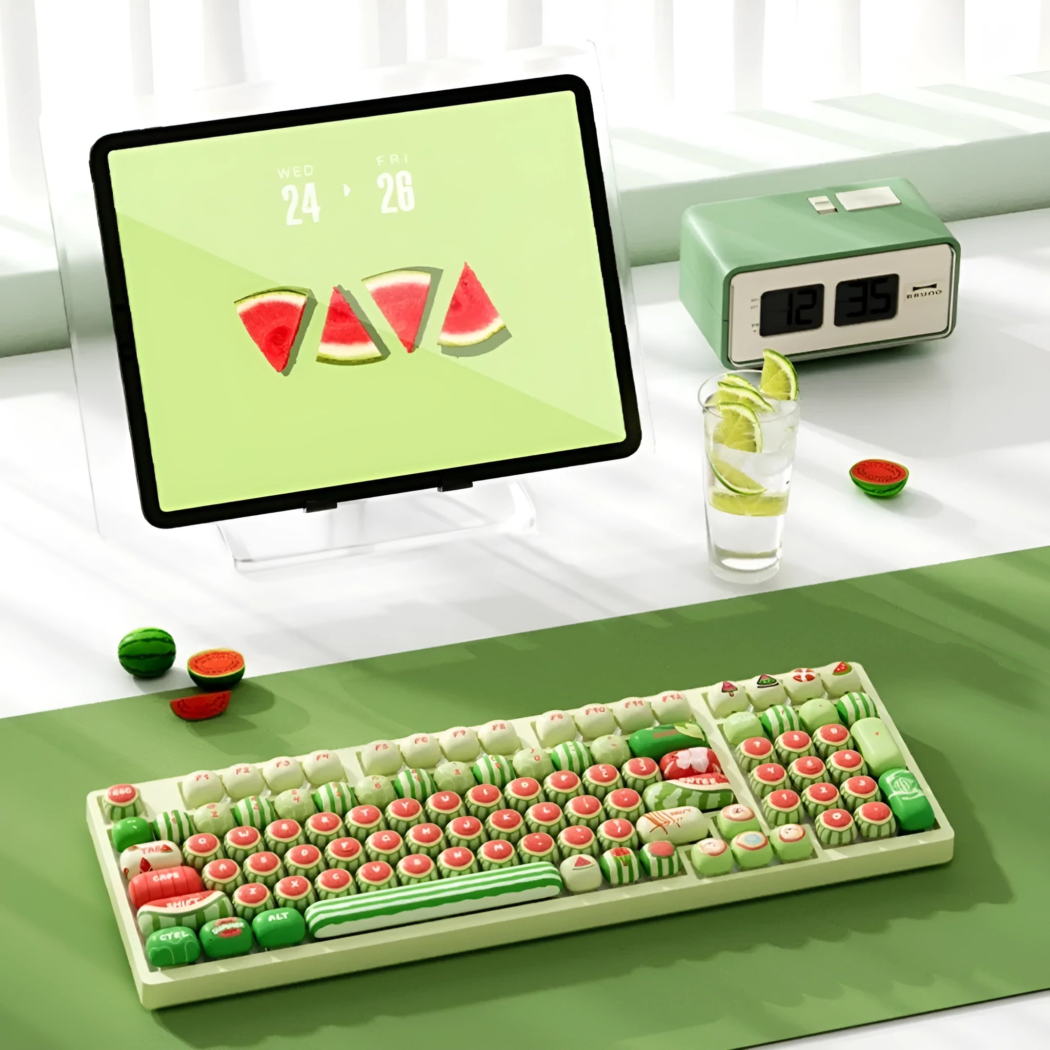 Watermelon theme PBT key cap set for mechanical keyboards, showing Xia Yang colour design on small steamed bun profile caps.