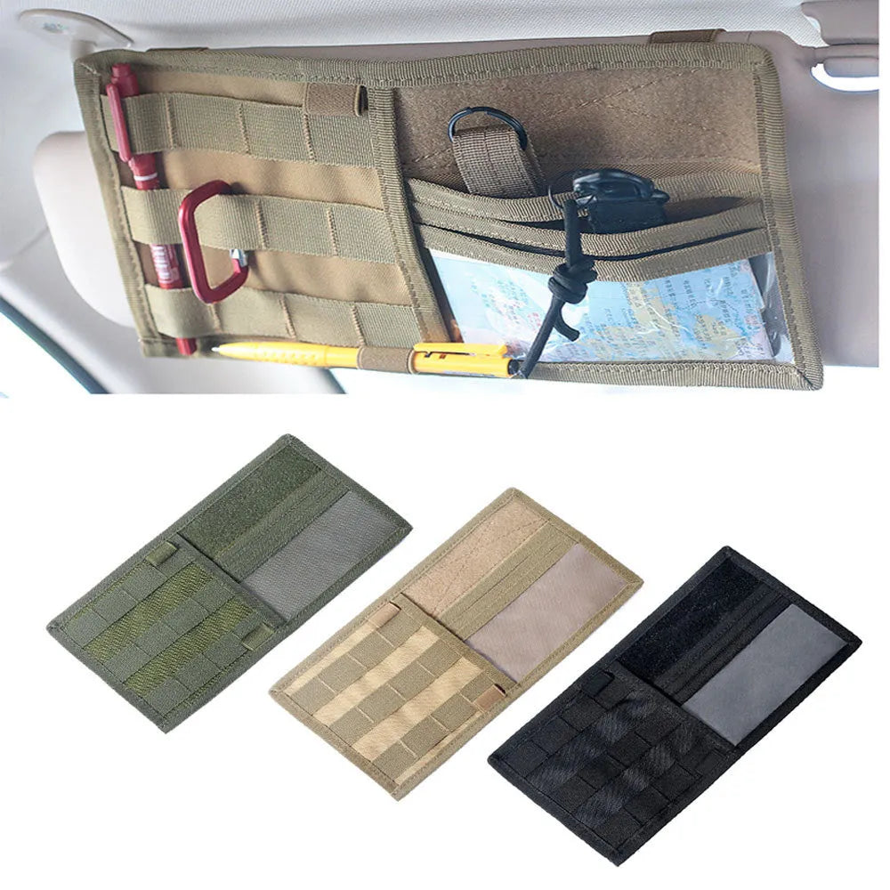 Tactical MOLLE vehicle sun visor organizer panel in khaki with 800D nylon construction