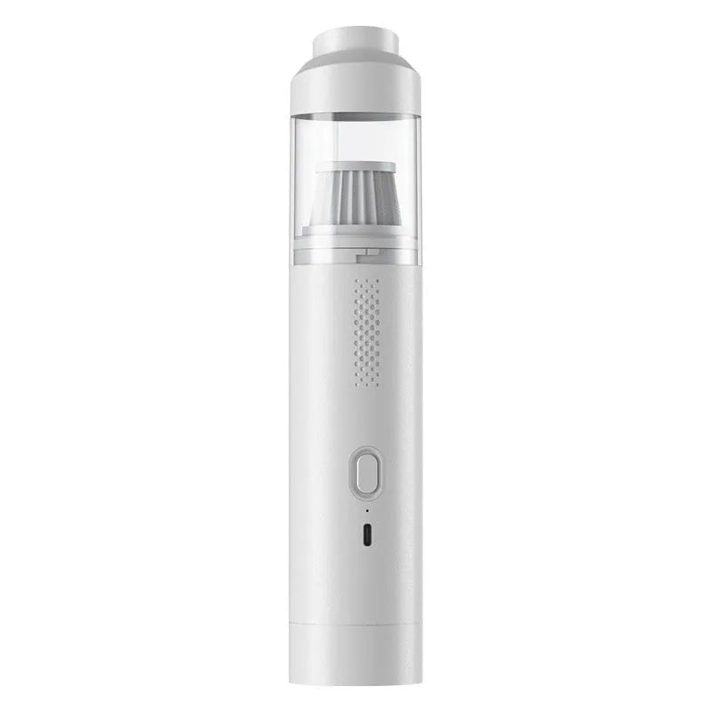 Rechargeable handheld car vacuum with air blow nozzle and optional buggy bag in white