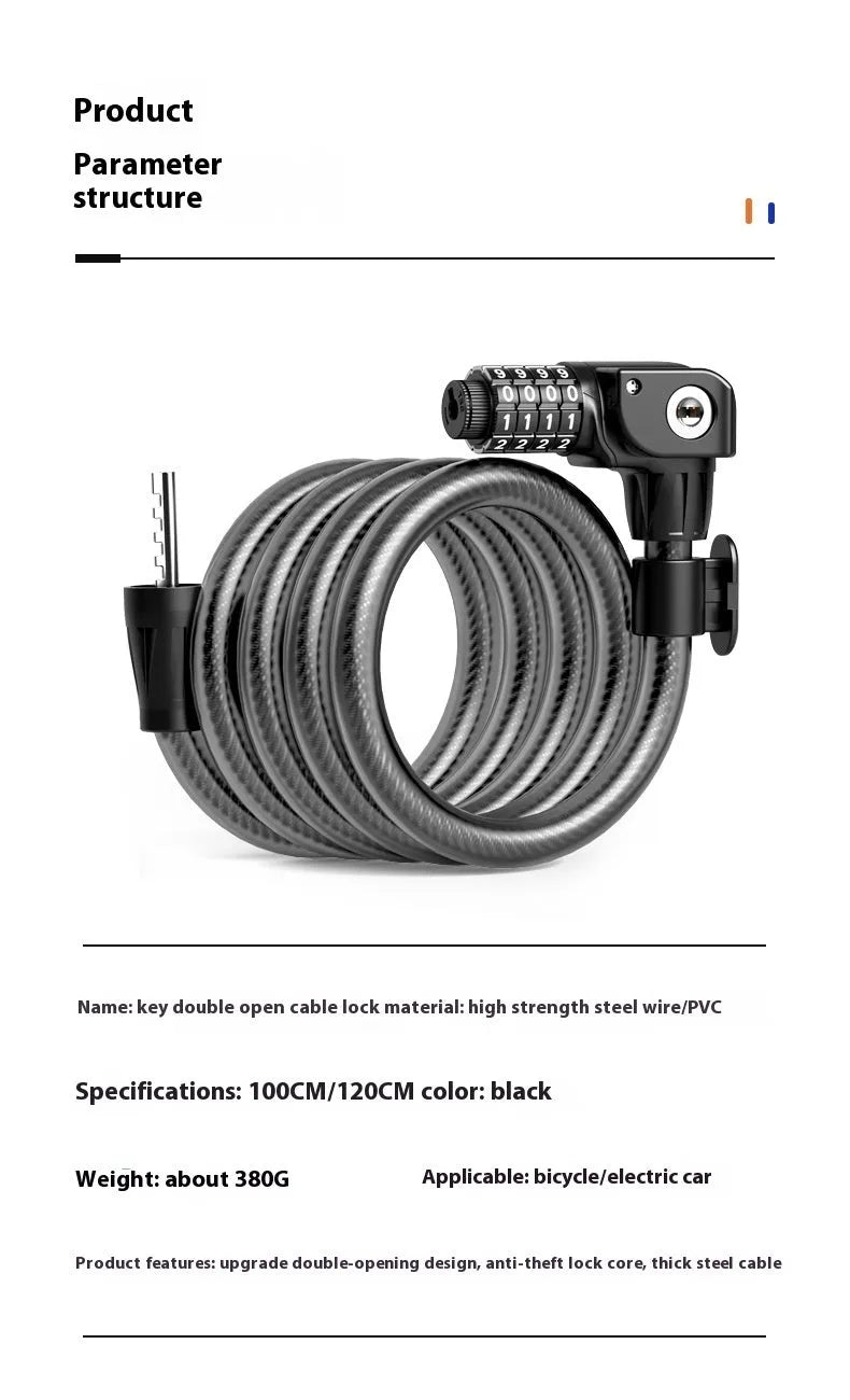 Password double open anti-theft steel cable bicycle lock 100cm black and orange with light option