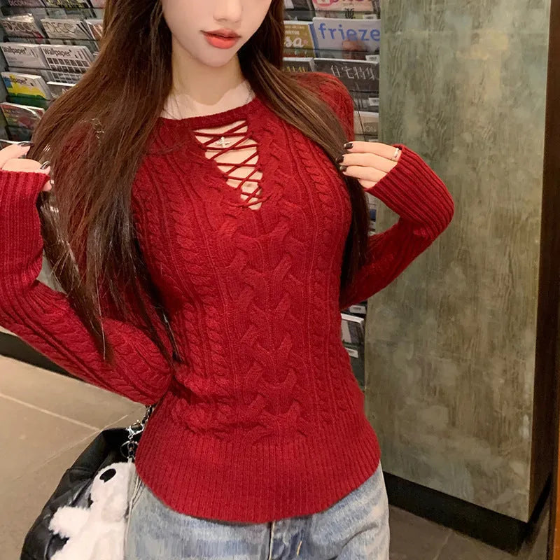 Women's long-sleeved knitted pullover sweater in slim fit with hollow detail, shown in beige, red, yellow, and black.