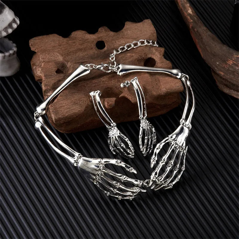 Skull and ghost claw necklace and earrings set in dark style electroplated alloy jewellery
