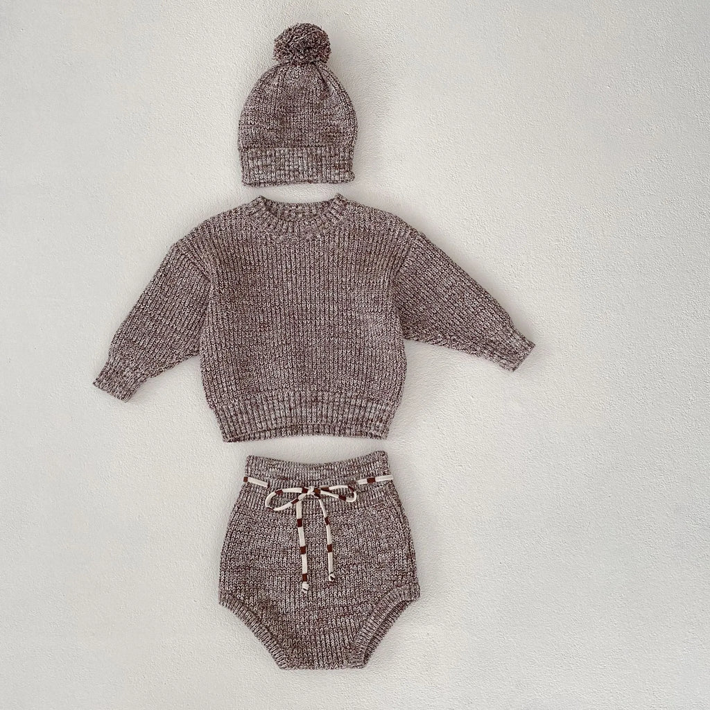 Infant baby girl cotton pullover 3-piece set in dark brown with fur ball hat and removable hood