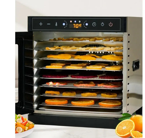 Stainless steel fruit dehydrator with multiple trays, LED control panel, and visual skylight design.