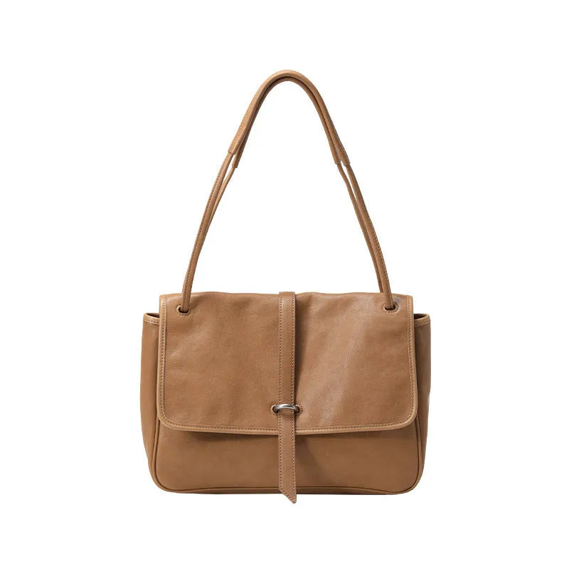 Vegetable-tanned leather retro crossbody tote bag in coffee, elephant gray, caramel or black, large or medium, with inner patch pocket.