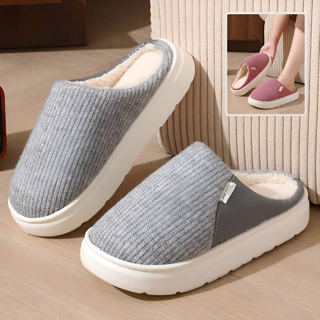 Winter warm plush home slippers with knitted fabric upper and thick TPR sole in multiple colours