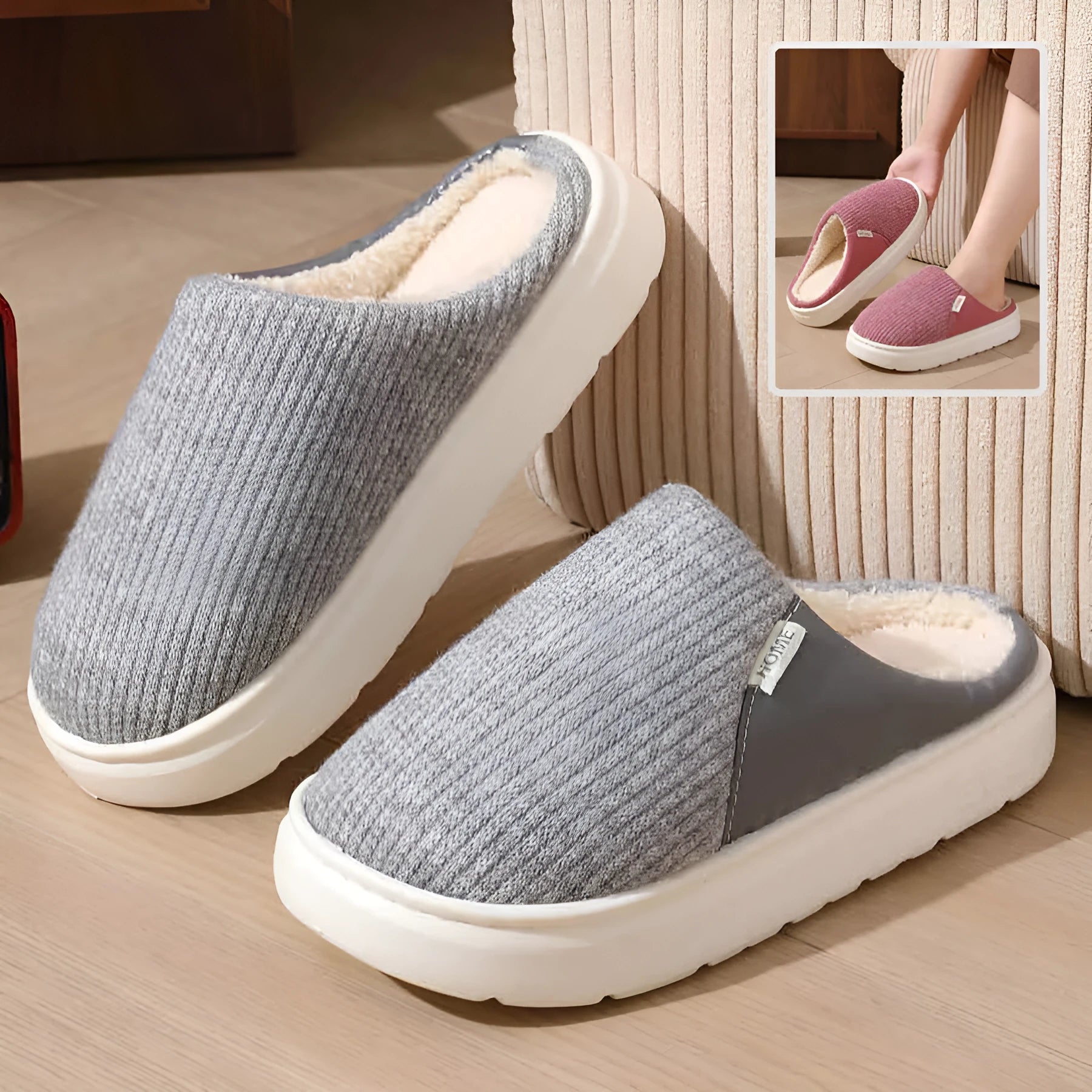 Winter warm plush home slippers with knitted fabric upper and thick TPR sole in multiple colours