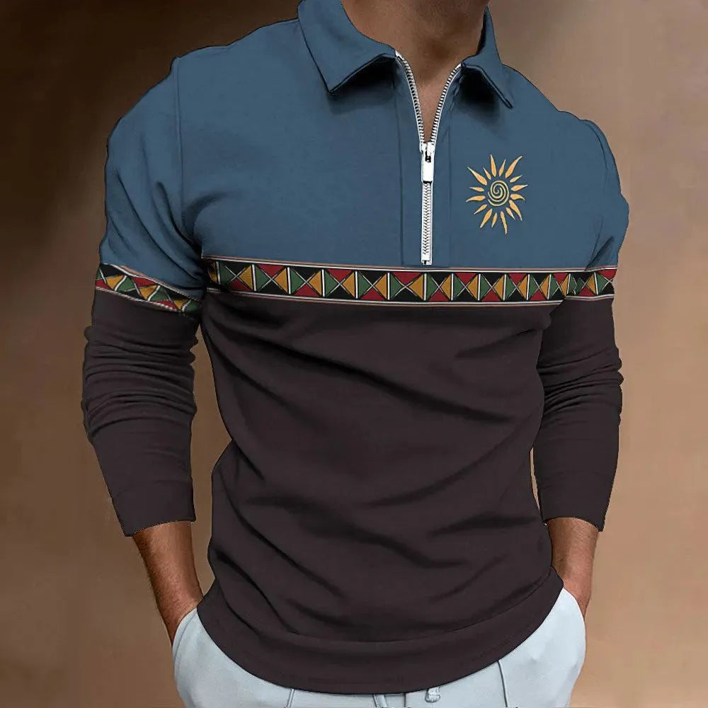 Men's loose-fit long-sleeve golf t-shirt with striped retro print and chest zipper decoration.