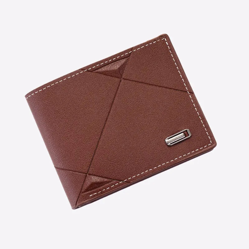 Men's thin black three-fold horizontal PU leather wallet with multiple card slots open.