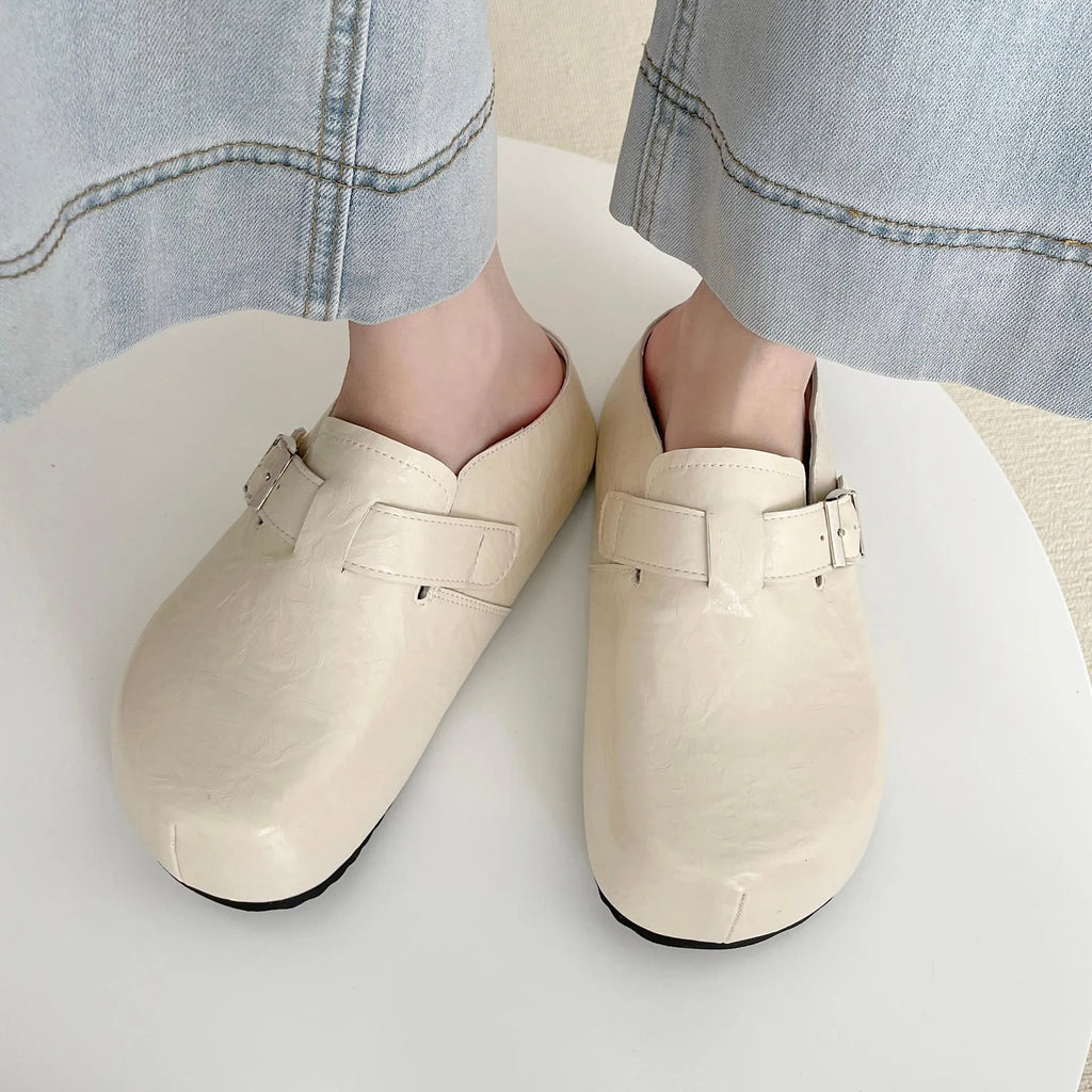 Flat buckle casual sneakers with round toe in yellow, creamy-white, silver, and black colour options