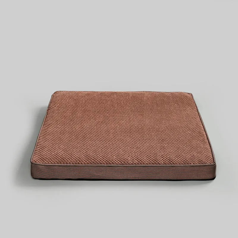 Pet memory foam mat with removable cover in grey, coffee, green, and khaki colours, four sizes