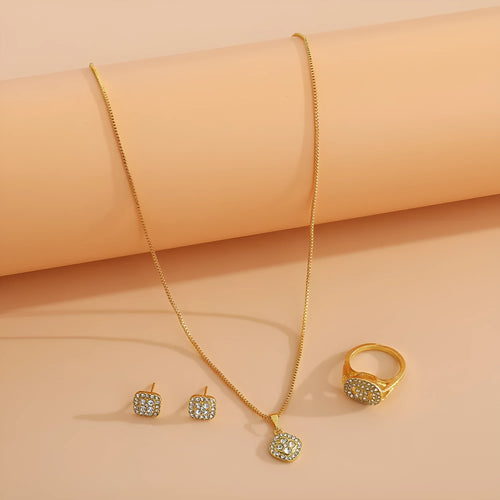 Alloy rhinestone three-piece wedding set with ring, stud earrings and 67cm necklace in gold
