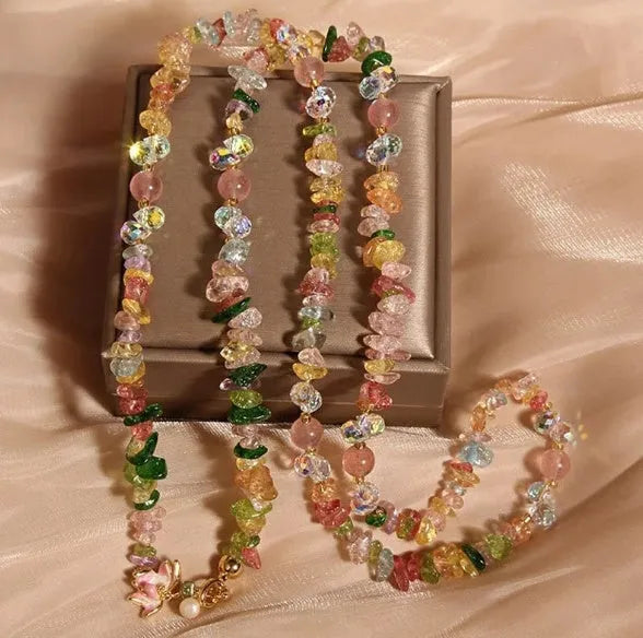 Natural quartz sand stone necklace with alloy pendant and crystal gravel beads in amethyst, citrine, or pink colour.