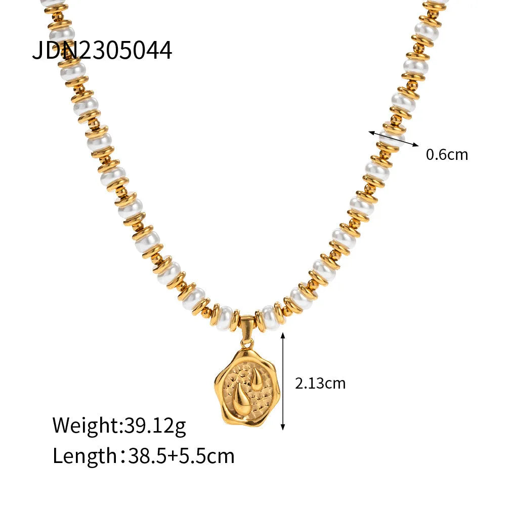 Titanium steel shell pearl necklace with regular chain and electroplated stainless steel finish, style JDN2305044