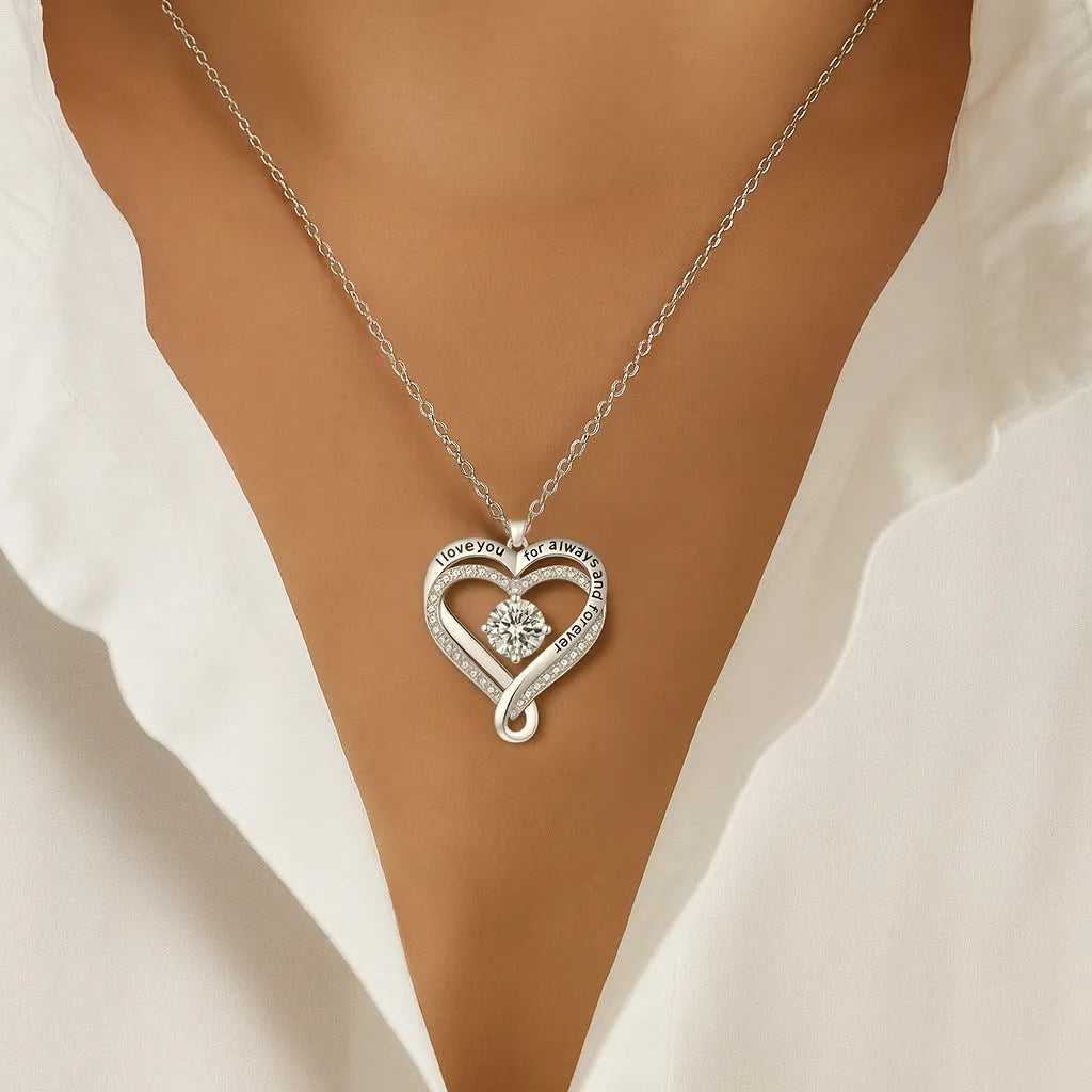 Heart of Eternity double-layer love necklace with micro-inlaid heart pendant in silver or gold colour option.