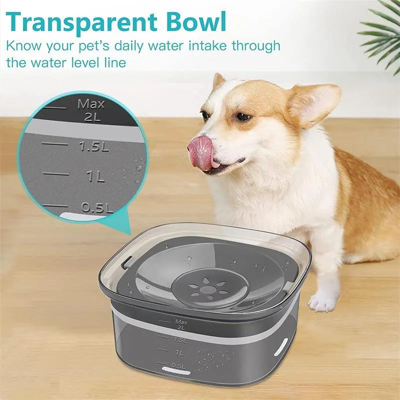 Transparent large 70oz dog water bowl with floating slow drink disk and non-slip base