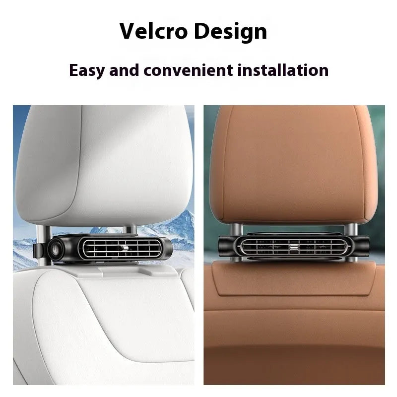 Creative USB plug-in bladeless car fan in black mounted on a car dashboard with velcro