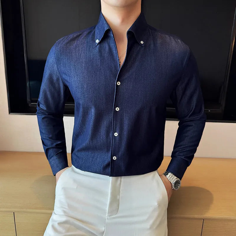 Men's slim fit denim shirt in chemical blend fabric available in blue, black and white