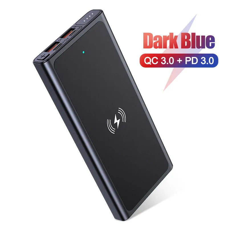 Black and blue square aluminium alloy wireless power bank with a capacity of 10000mAh