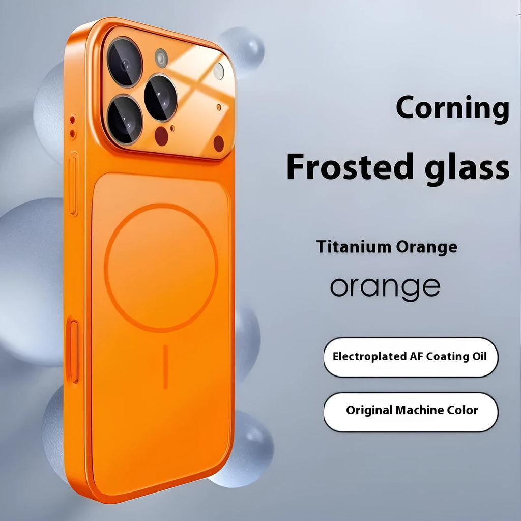 Frosted tempered glass magnetic phone case for iPhone, shown in titanium grey colour.