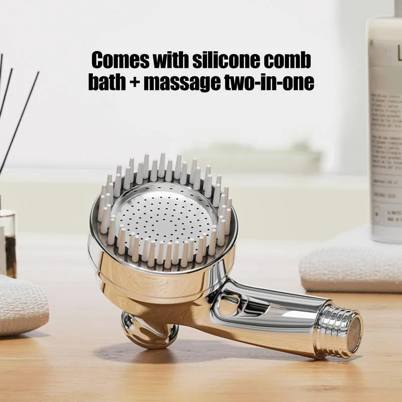 Silver dog shower attachment with silicone comb teeth and ergonomic grip for pet bathing