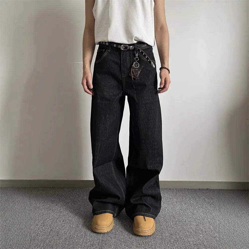 Black retro wide-leg straight jeans with mid-waist design and zip closure