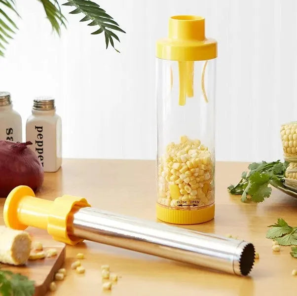 Yellow cylindrical corn stripper kitchen tool 27cm tall with stainless steel threshing mechanism