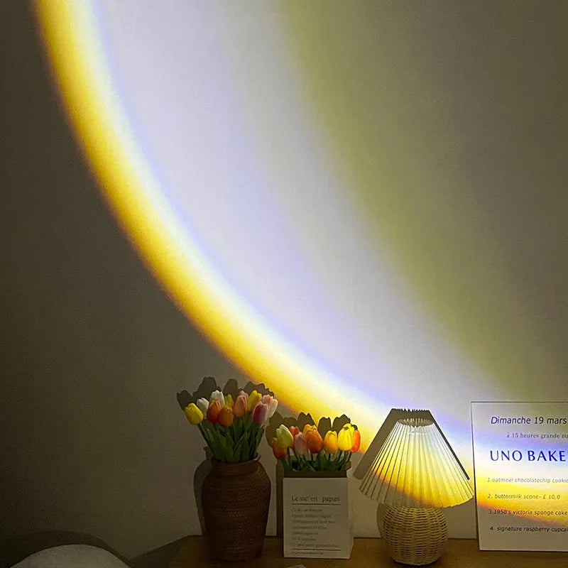 INS USB moon lamp LED rainbow neon night sunset light with 360° rotation on a bedside table
