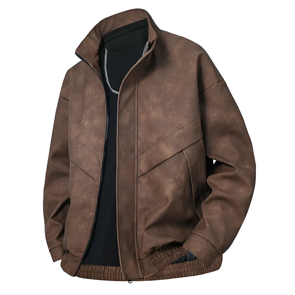 Mens slim fit PU leather coat in black gray with side pockets, straight hem, and loose fit