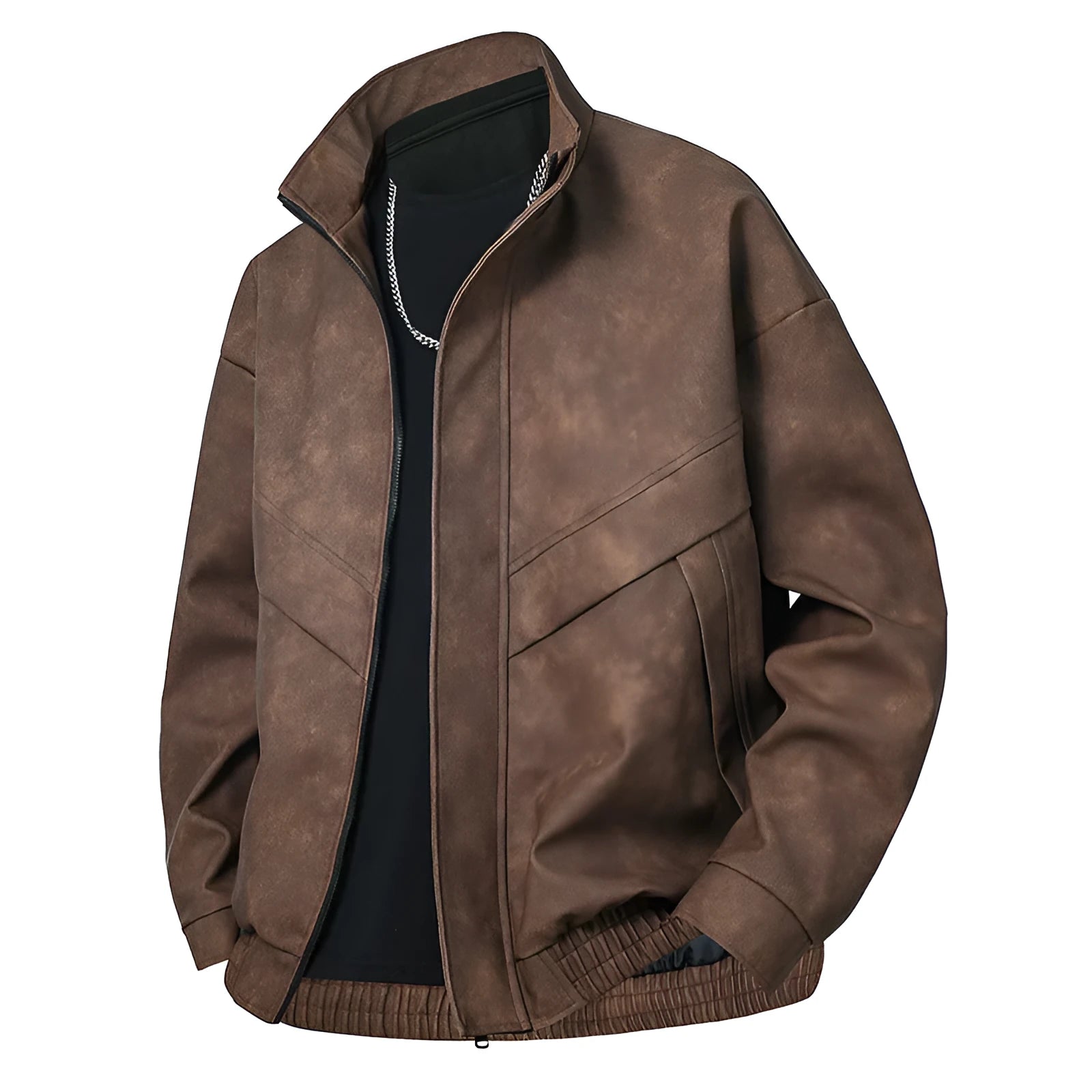 Mens slim fit PU leather coat in black gray with side pockets, straight hem, and loose fit
