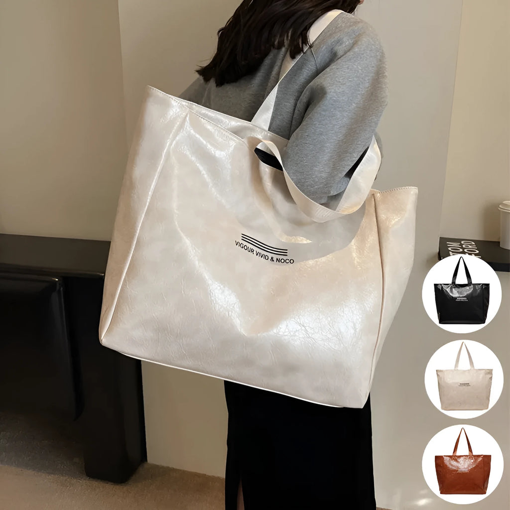 Large capacity PU tote bag for women in solid black, beige or brown, waterproof shoulder handbag for daily and travel use.