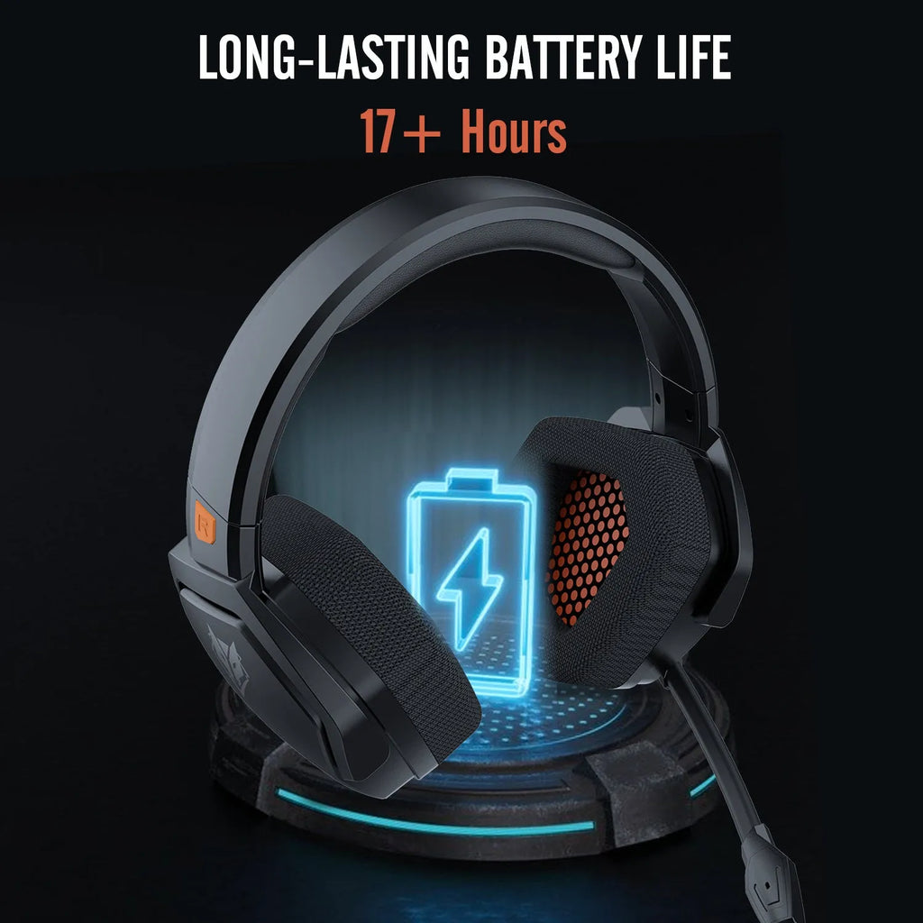 Black and orange wireless gaming headset with dual Bluetooth and 2.4G connectivity showing ear cushions and microphone.