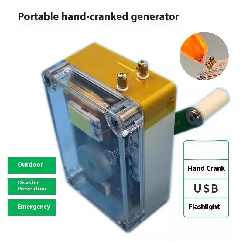 Hand cranked generator with 20F supercapacitor, USB 5V output, digital display, and plastic shell