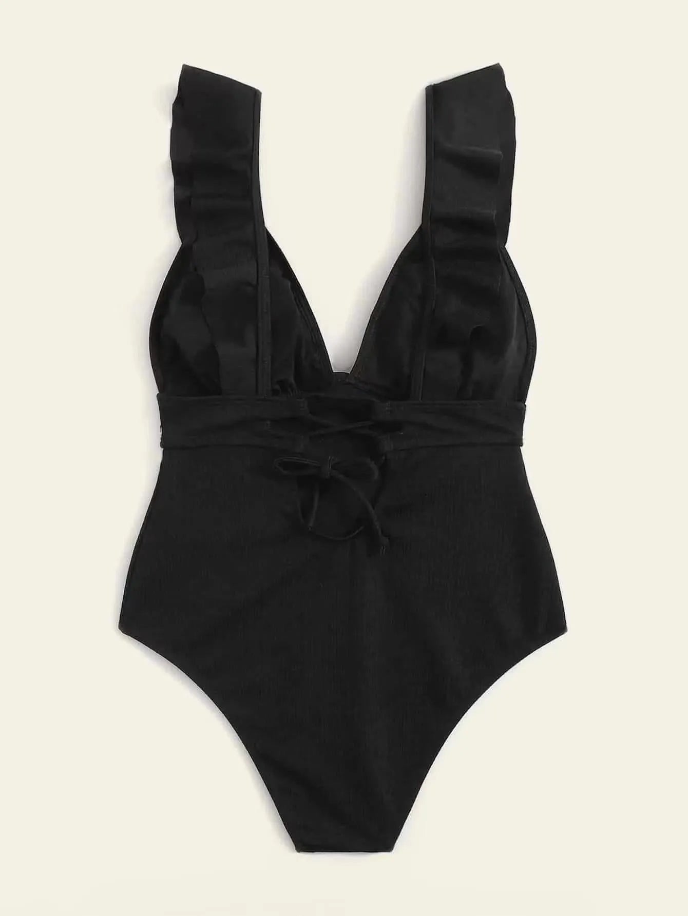 Women's black one-piece swimsuit with ruffled adjustable shoulder straps and lace back detail.