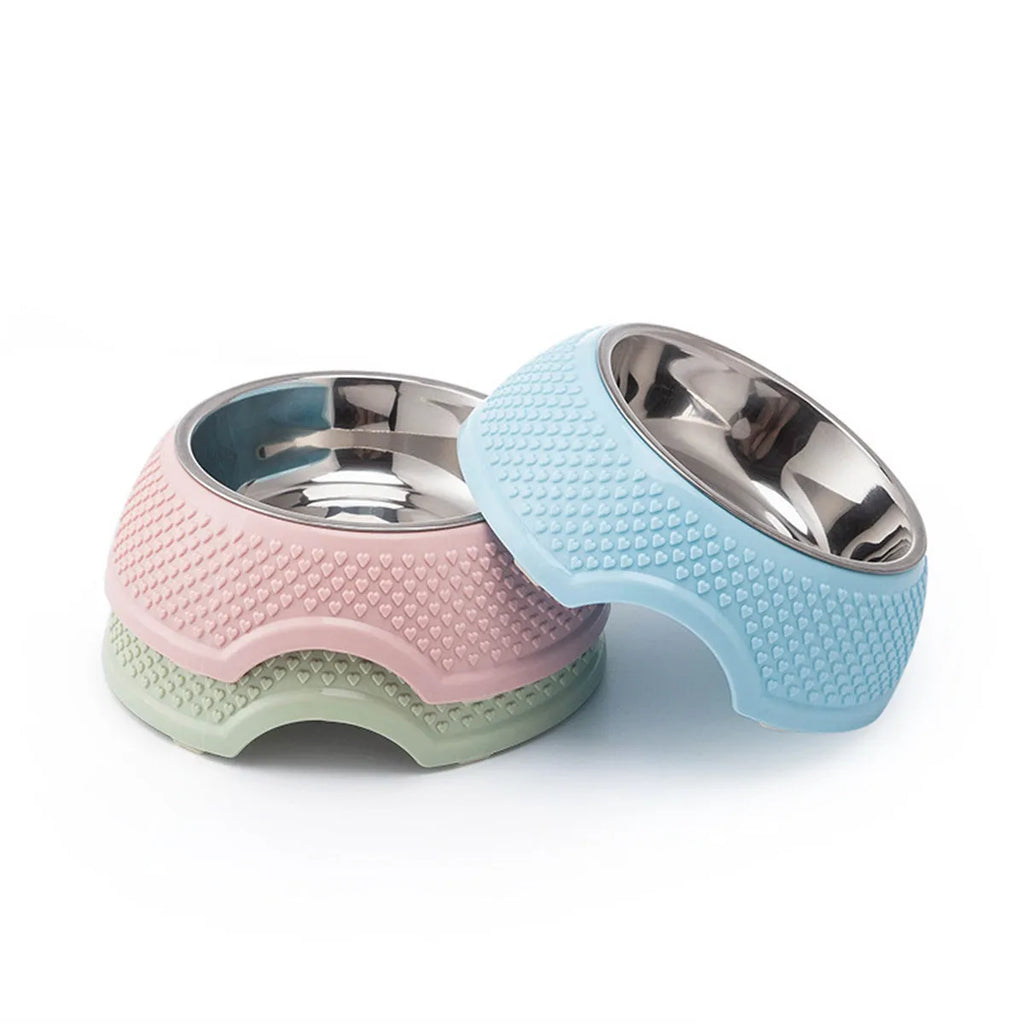 Blue stainless steel pet bowl with non-slip base for cats and small dogs