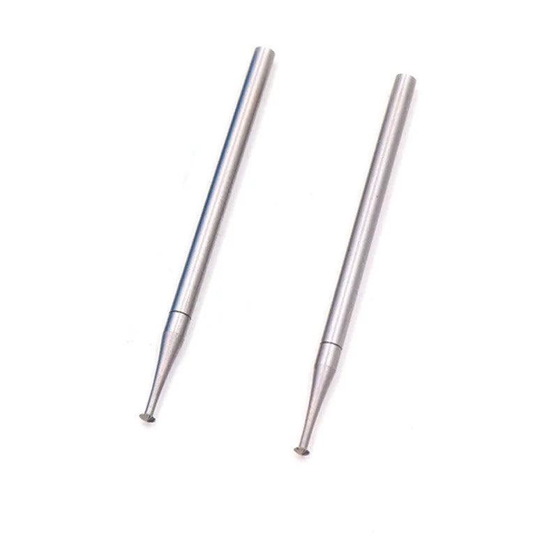 Blue box containing six tungsten steel carving cutters with thin disc needle shape and 2.35mm mandrels