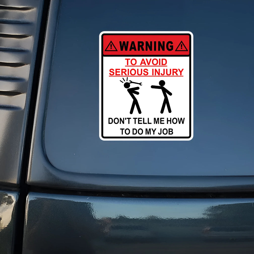 White rectangular adhesive safety sticker with black text reading warning to avoid serious injury, sized 14.9 by 12.6 centimetres.