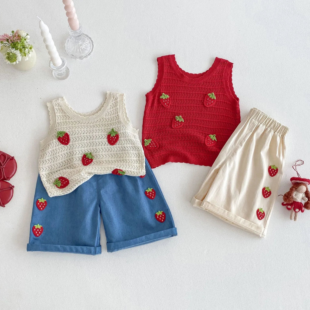 Girls Korean style strawberry patch vest and beige trousers set on child
