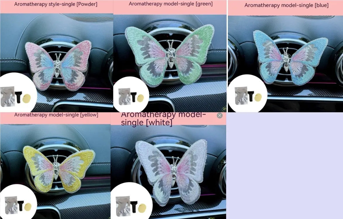 Moving embroidery butterfly fabric car centre console air vent decoration in multiple colour options