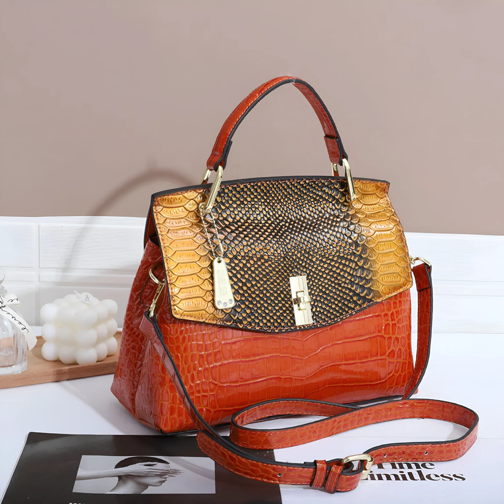 Women's snake pattern crossbody bag with crocodile design in horizontal square shape