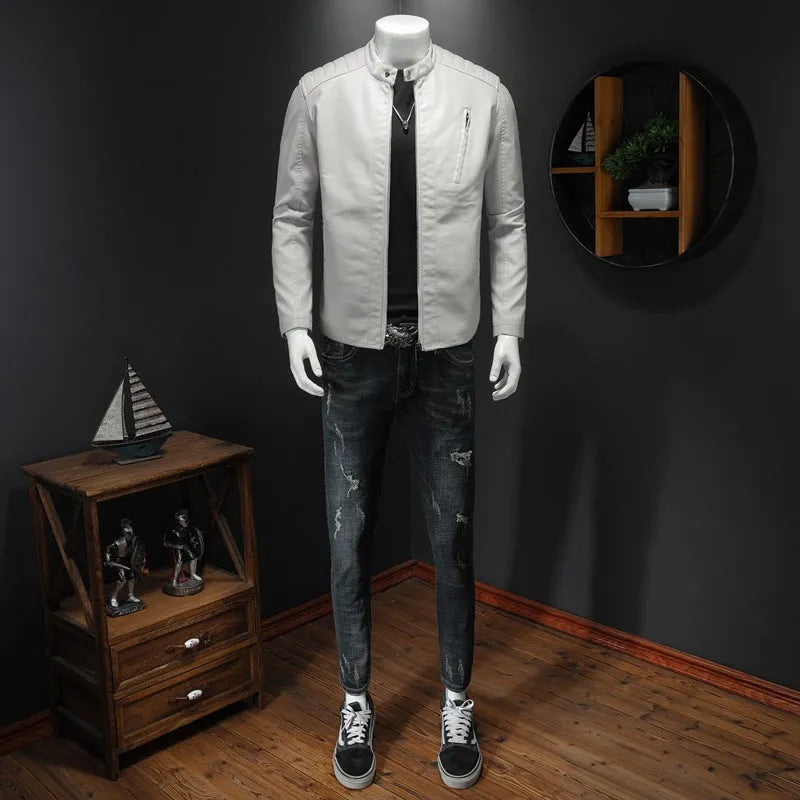 Plus size men's PU leather jacket with stand collar and zippered pockets in black