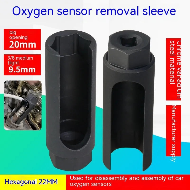 Black chromium vanadium steel oxygen sensor sleeve tool for 22mm nuts.