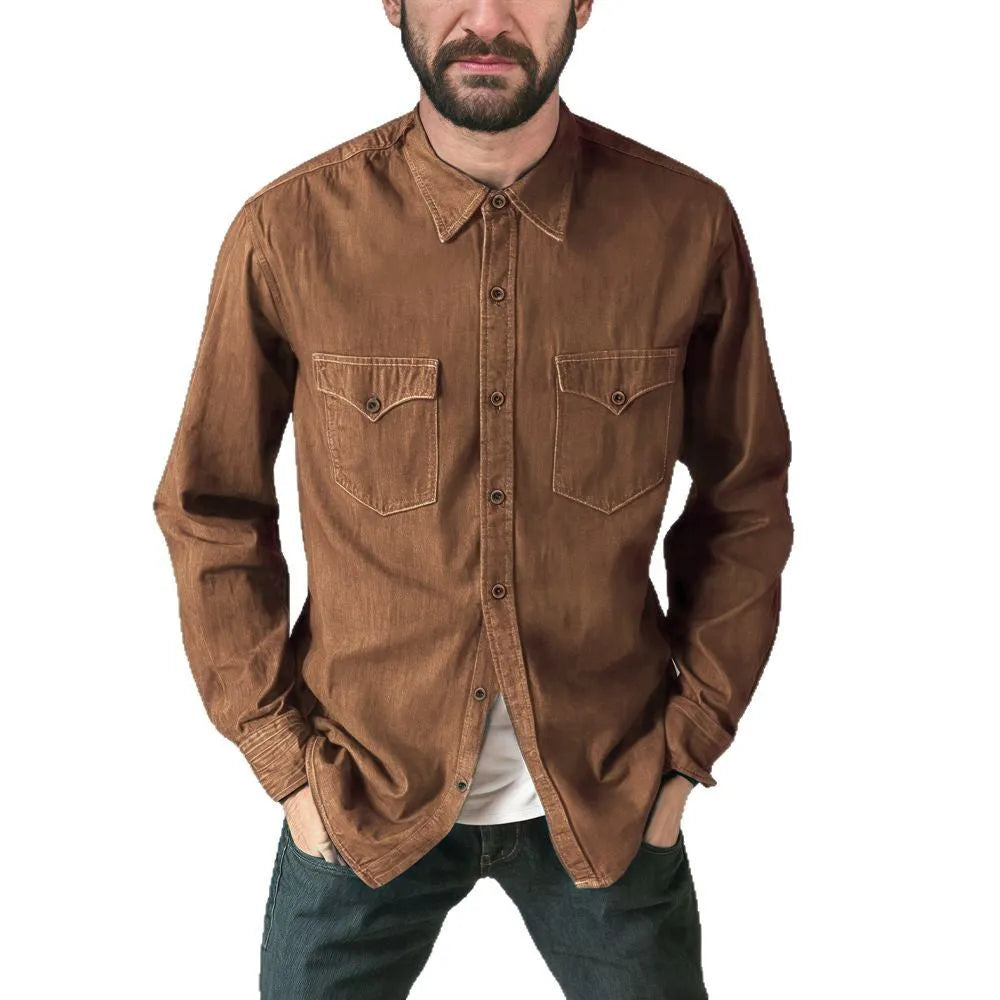 Cotton denim cardigan coat in khaki on a hanger, showing button front and regular fit.