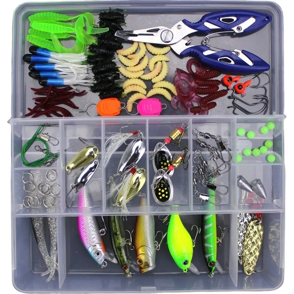 Junior entry-level fishing lure suit collection in PP box packaging showing multiple bait lures